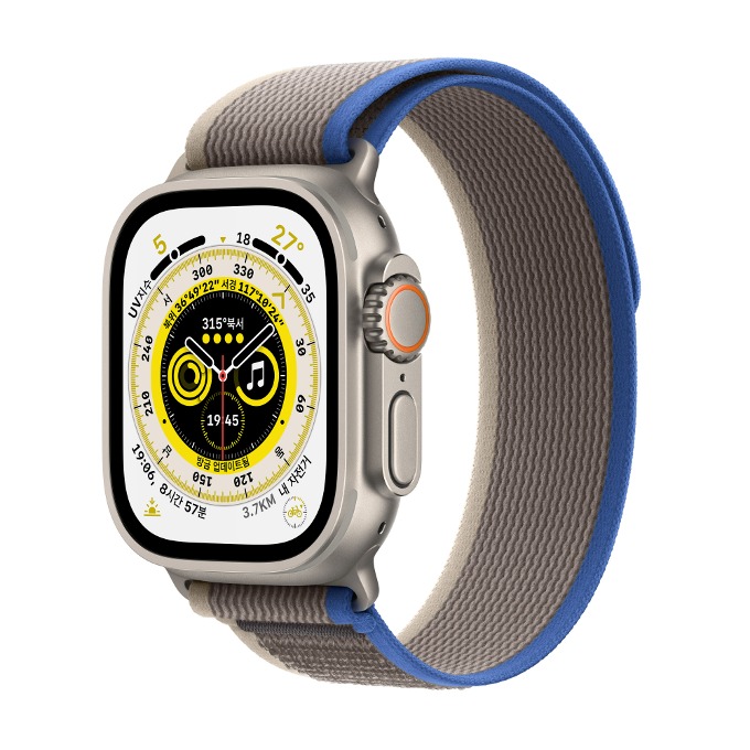 (ID당1회만참여가능) [48기] 매일 만보 퀘스트 Apple Watch Ultra GPS + Cellular, 49mm 티타늄 케이스와 블루/그레이 트레일 루프 (M/L Size 길이조절가능)